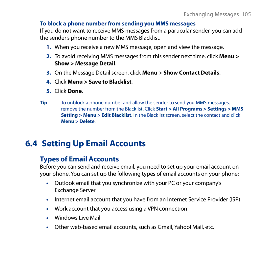 HTC S743 Types of Email Accounts, To block a phone number from sending you MMS messages, Click Menu Save to Blacklist 
