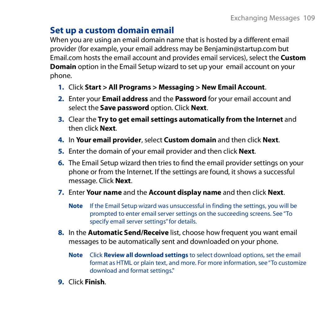 HTC S743, ROSE130 user manual Set up a custom domain email, Click Start All Programs Messaging New Email Account 