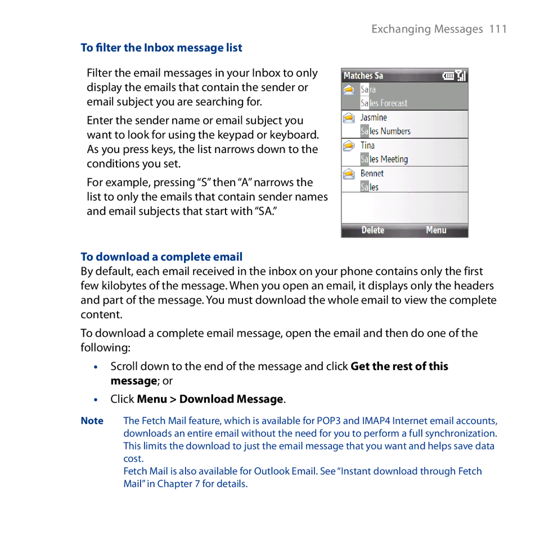 HTC S743, ROSE130 user manual To filter the Inbox message list, To download a complete email, Click Menu Download Message 