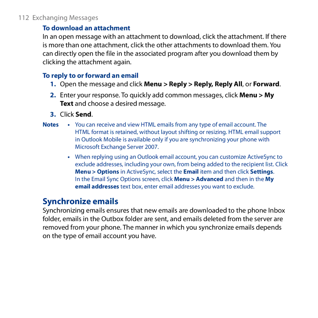 HTC ROSE130, S743 user manual Synchronize emails, To download an attachment, To reply to or forward an email 