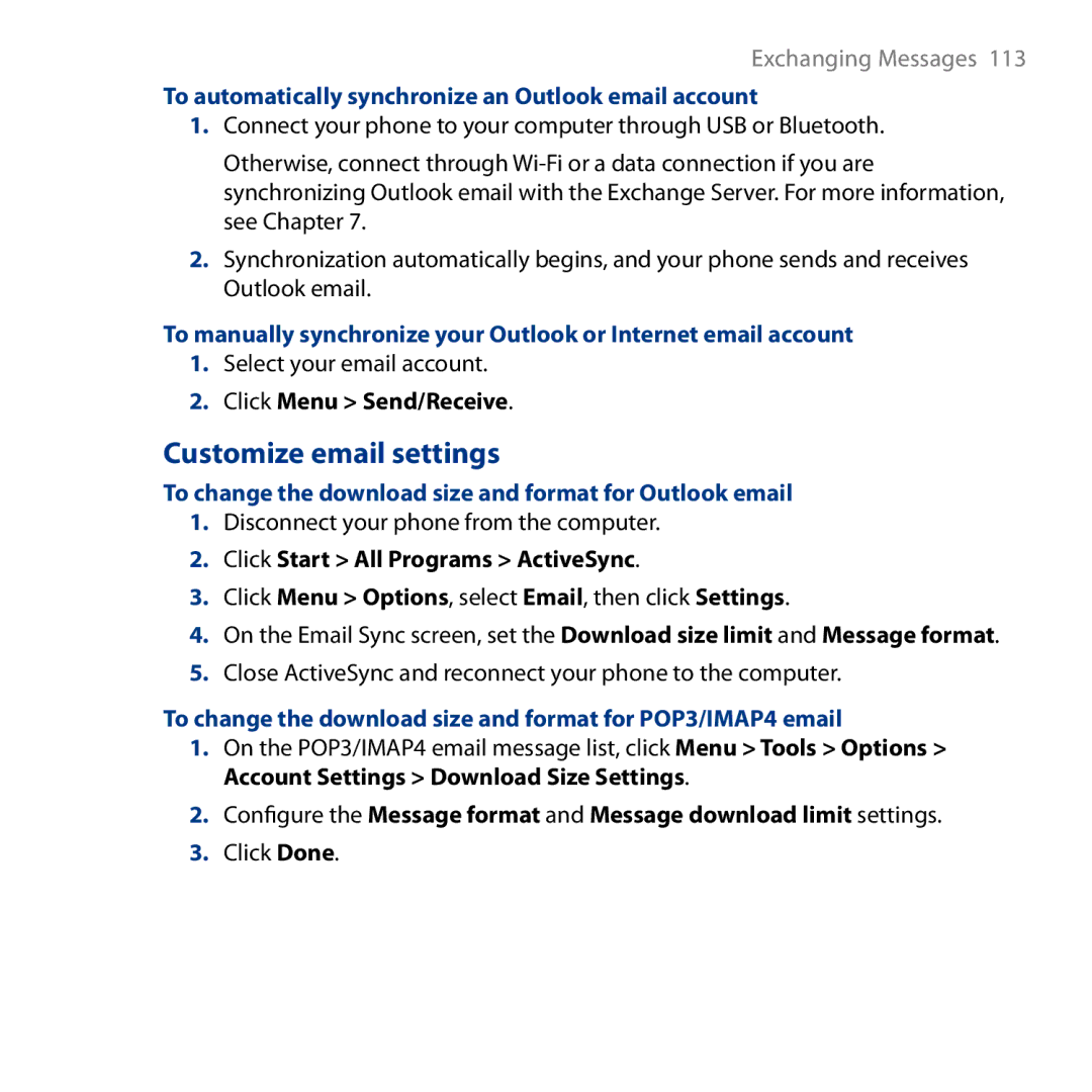 HTC S743, ROSE130 user manual Customize email settings, To automatically synchronize an Outlook email account 