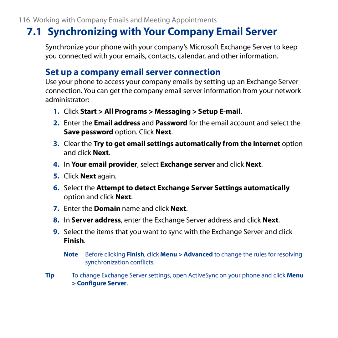 HTC ROSE130, S743 user manual Synchronizing with Your Company Email Server, Set up a company email server connection 