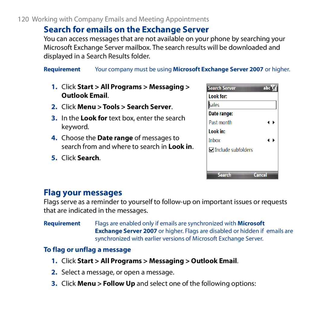 HTC ROSE130, S743 user manual Search for emails on the Exchange Server, Flag your messages, To flag or unflag a message 