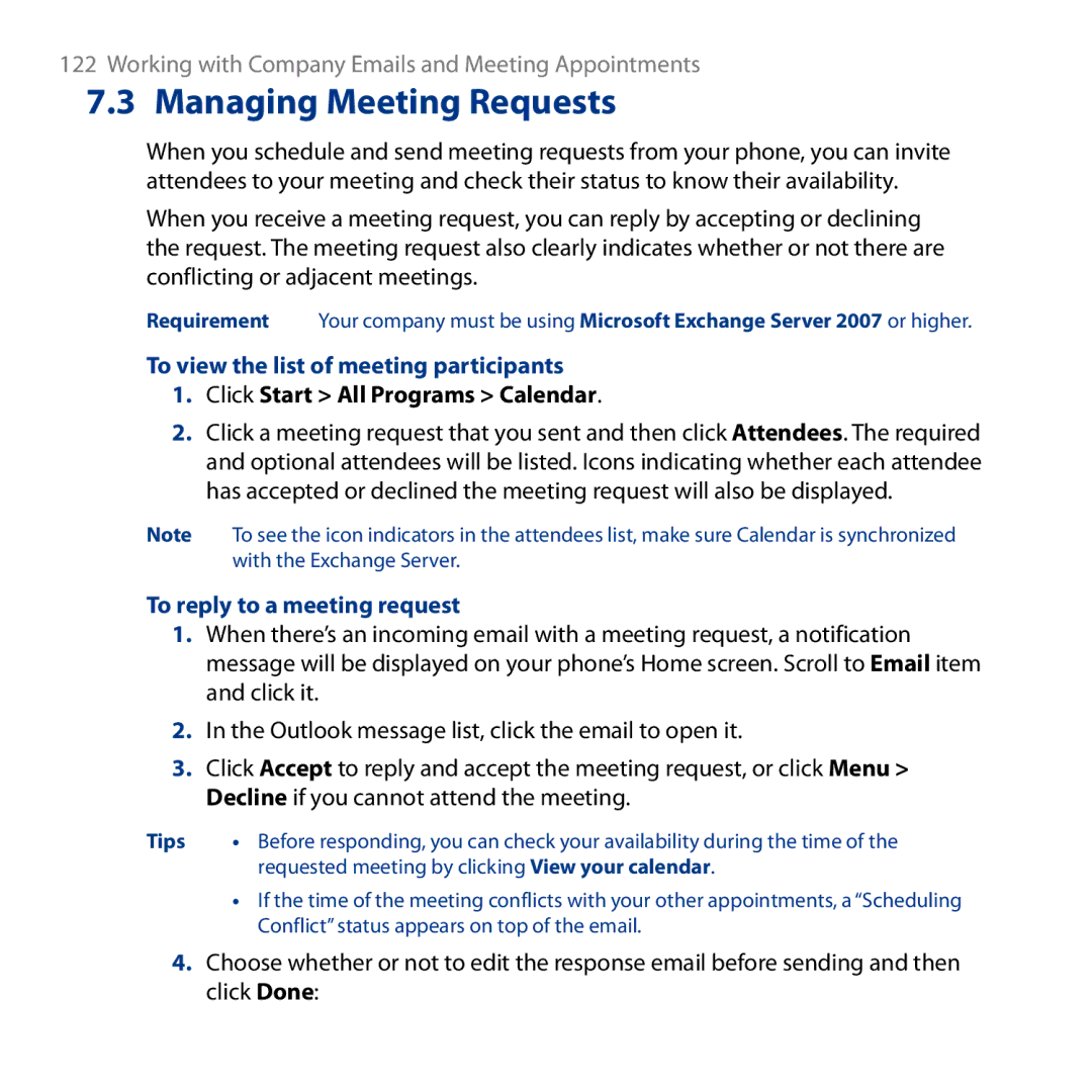 HTC ROSE130, S743 Managing Meeting Requests, To view the list of meeting participants, To reply to a meeting request 