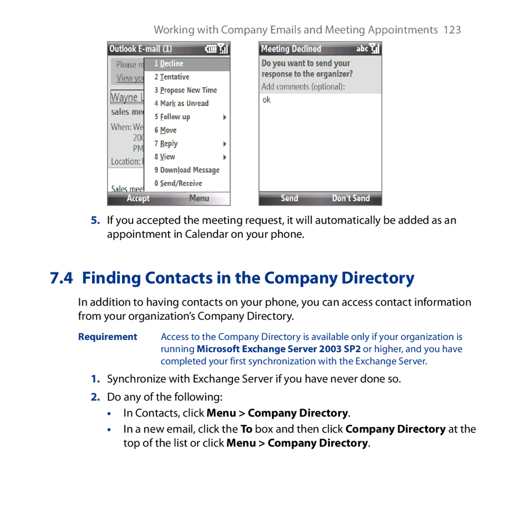 HTC S743, ROSE130 user manual Finding Contacts in the Company Directory, Contacts, click Menu Company Directory 