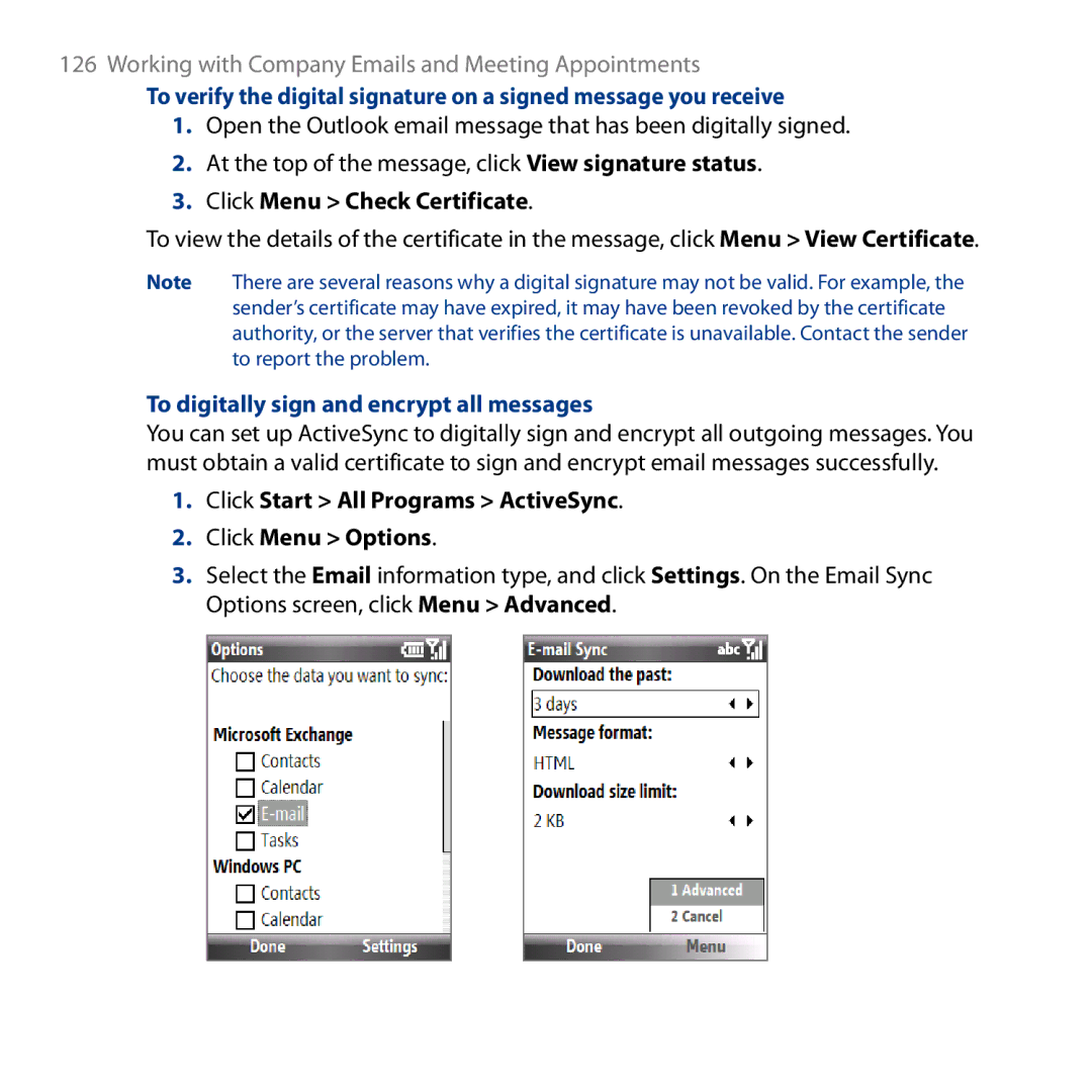 HTC ROSE130, S743 user manual Click Menu Check Certificate, To digitally sign and encrypt all messages 