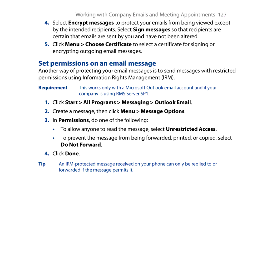 HTC S743, ROSE130 user manual Set permissions on an email message 