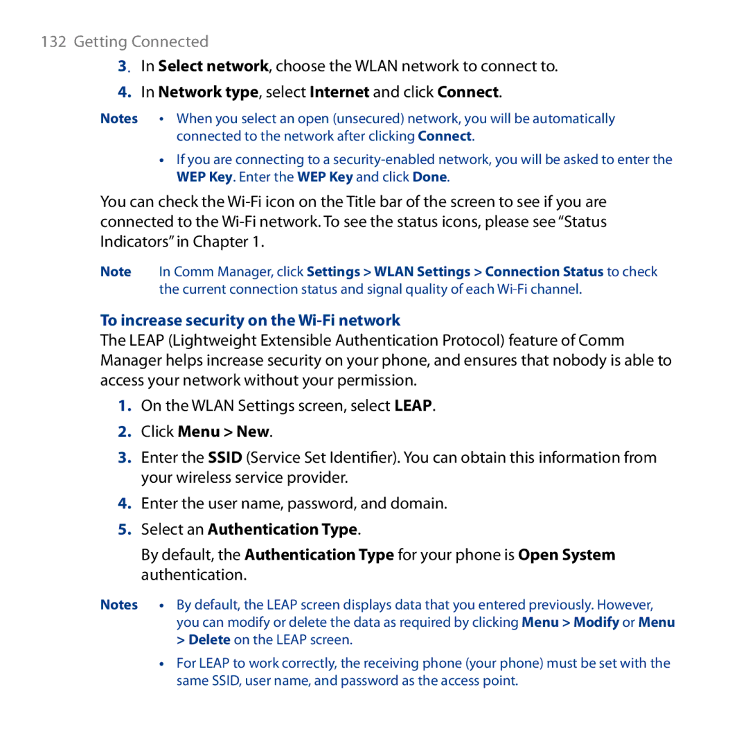 HTC ROSE130, S743 user manual Network type, select Internet and click Connect, To increase security on the Wi-Fi network 