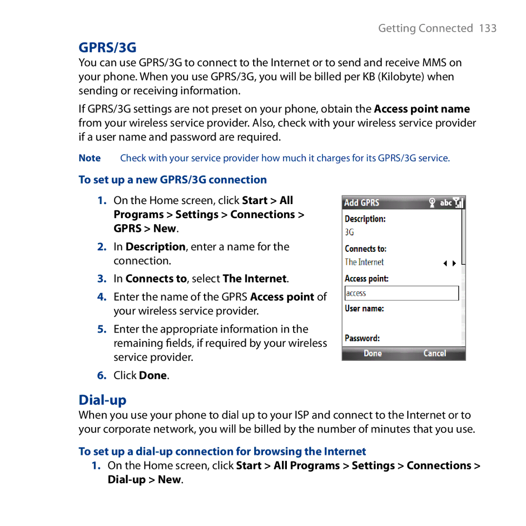 HTC S743, ROSE130 user manual Dial-up, To set up a new GPRS/3G connection, Programs Settings Connections Gprs New 