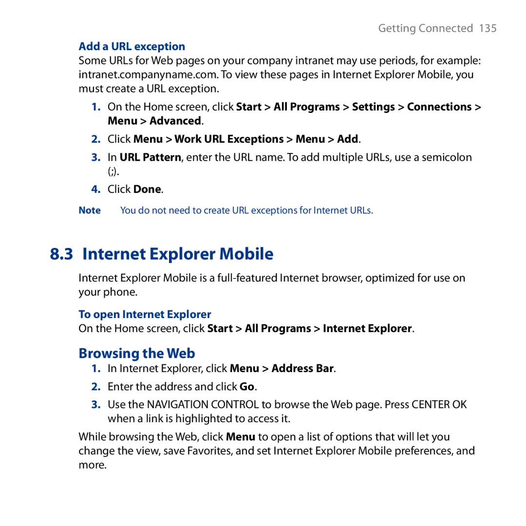 HTC S743, ROSE130 user manual Internet Explorer Mobile, Browsing the Web, Add a URL exception, To open Internet Explorer 