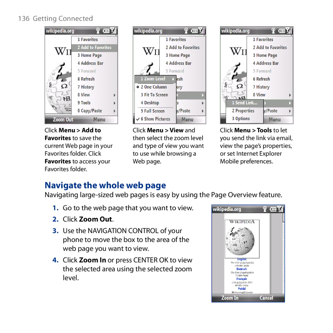 HTC ROSE130, S743 user manual Navigate the whole web, Click Zoom Out 