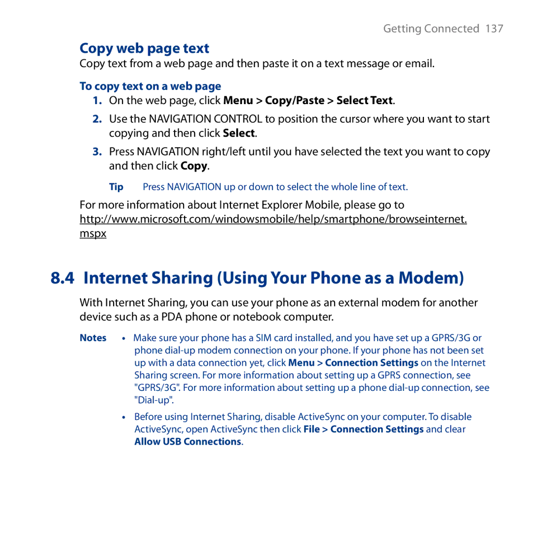 HTC S743, ROSE130 user manual Internet Sharing Using Your Phone as a Modem, Copy web page text, To copy text on a web 