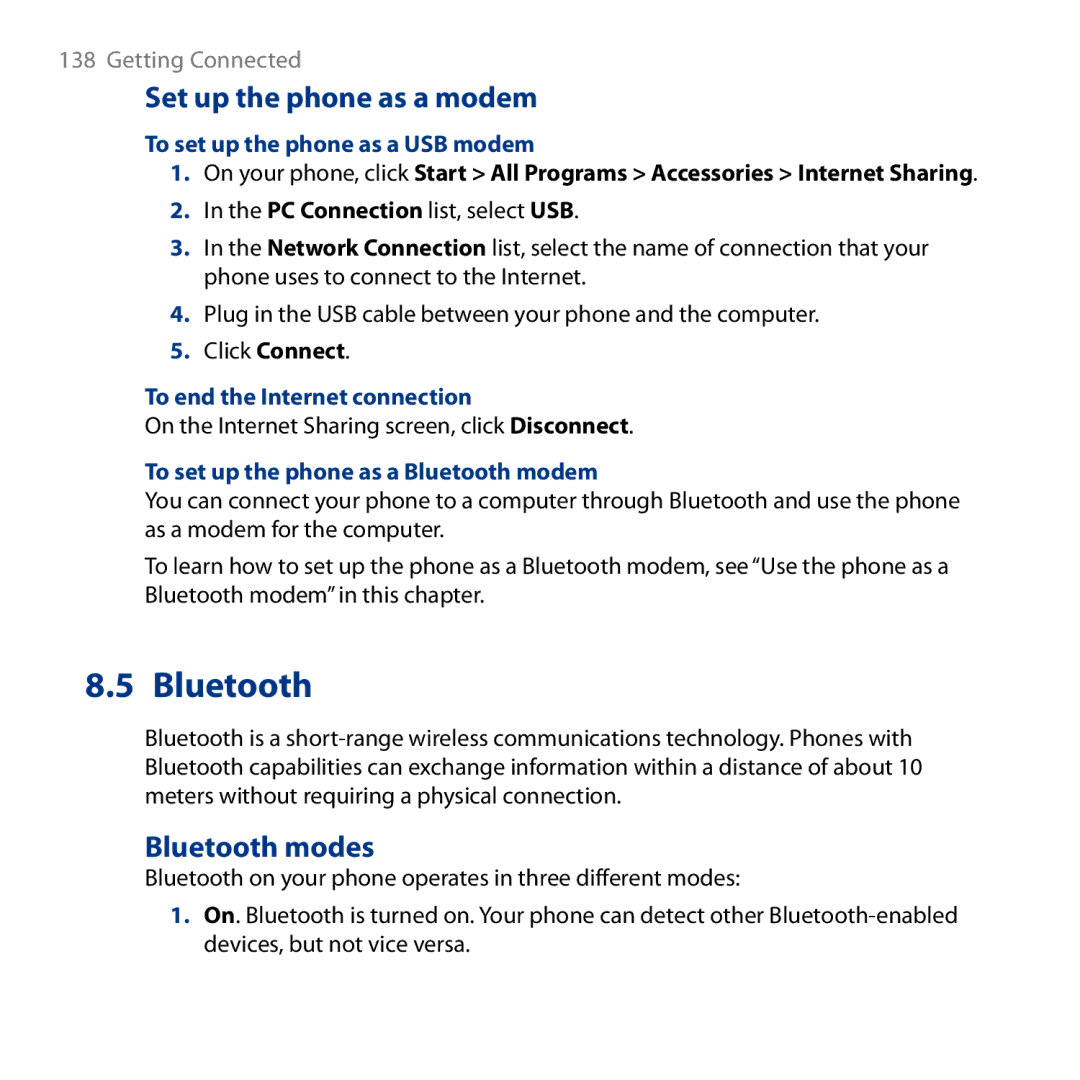 HTC ROSE130, S743 user manual Set up the phone as a modem, Bluetooth modes 