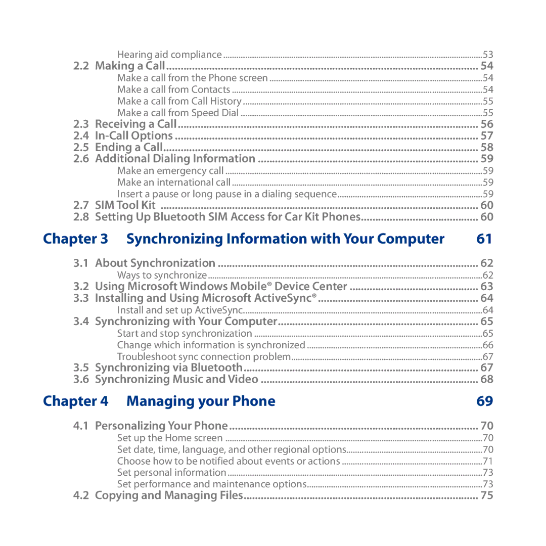 HTC ROSE130, S743 user manual Synchronizing Information with Your Computer, Managing your Phone 