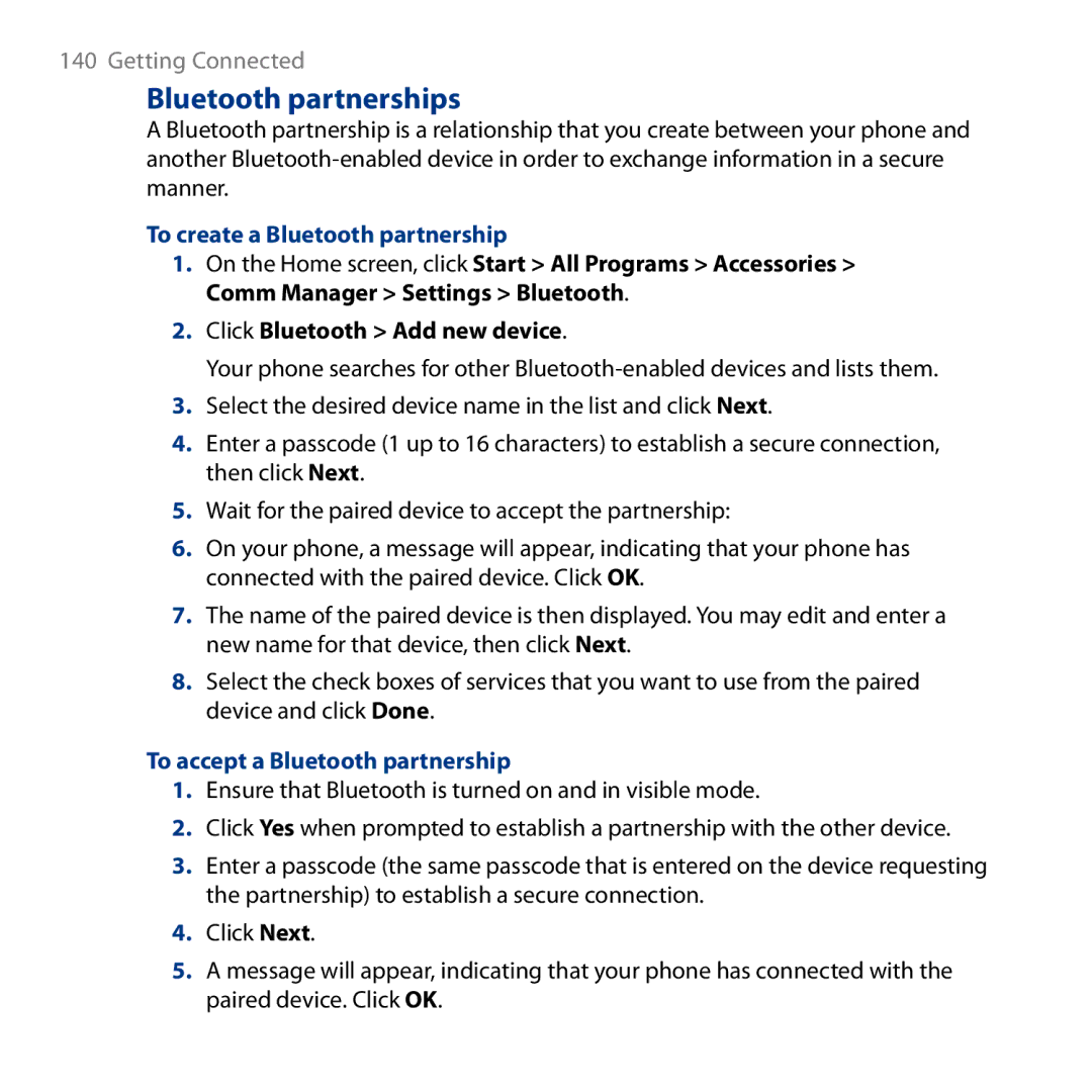 HTC ROSE130, S743 user manual Bluetooth partnerships, To create a Bluetooth partnership, Click Bluetooth Add new device 