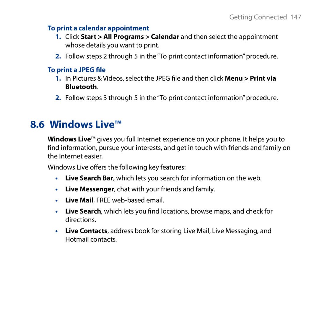 HTC S743, ROSE130 user manual Windows Live, To print a calendar appointment, To print a Jpeg file 