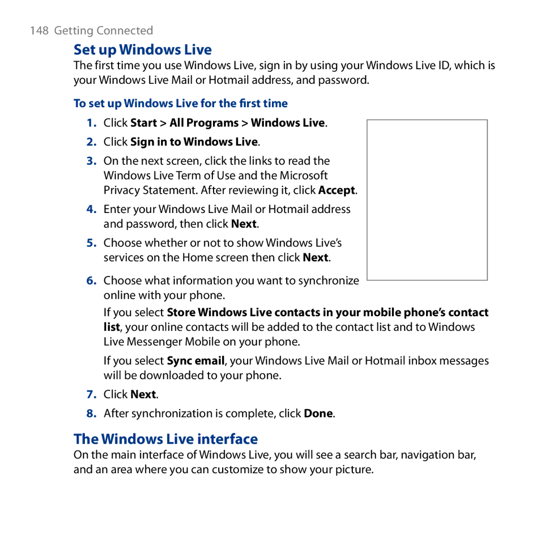 HTC ROSE130, S743 user manual Set up Windows Live, Windows Live interface, To set up Windows Live for the first time 