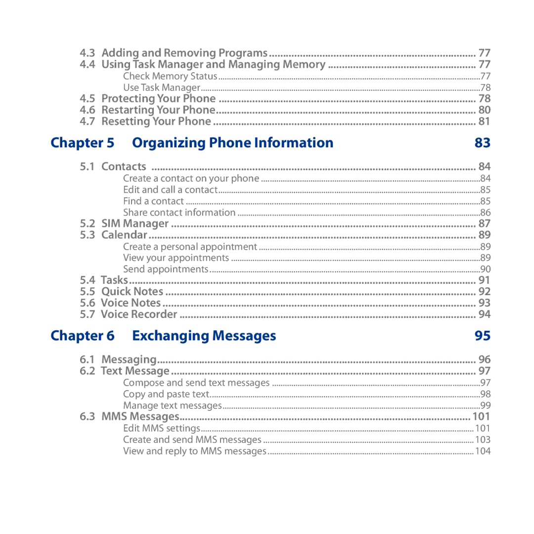 HTC S743, ROSE130 user manual Organizing Phone Information, Exchanging Messages 