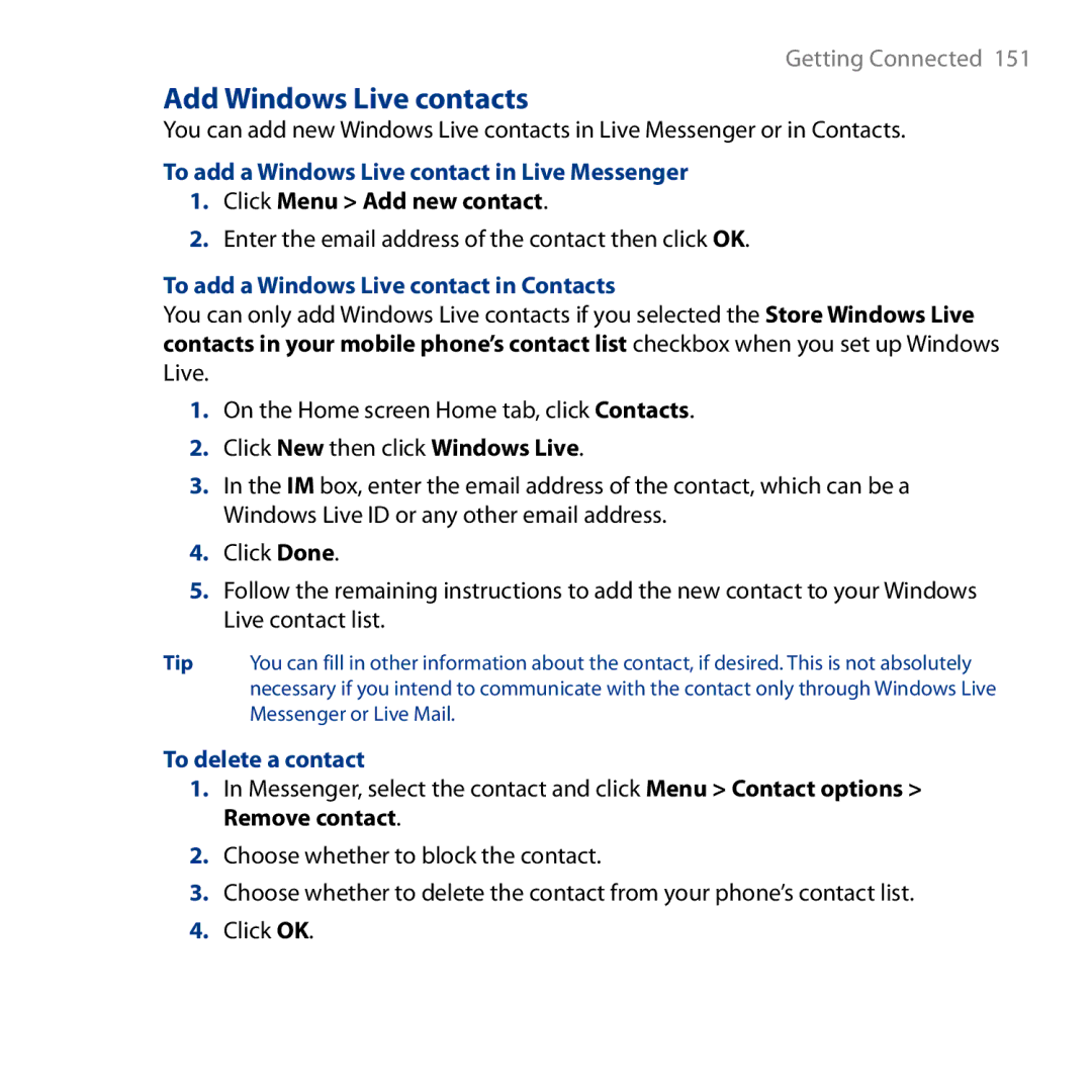 HTC S743, ROSE130 Add Windows Live contacts, To add a Windows Live contact in Live Messenger, Click Menu Add new contact 