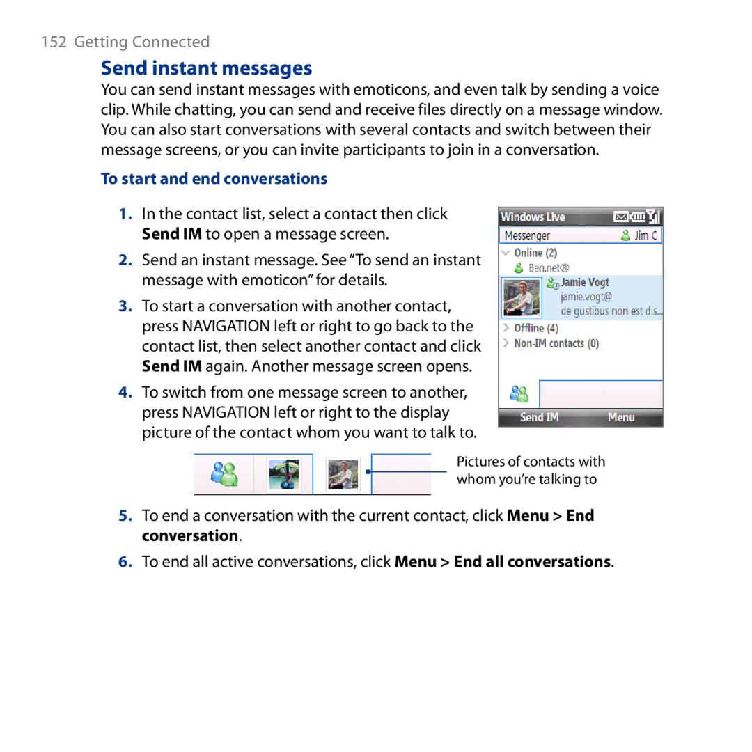 HTC ROSE130, S743 user manual Send instant messages, To start and end conversations 