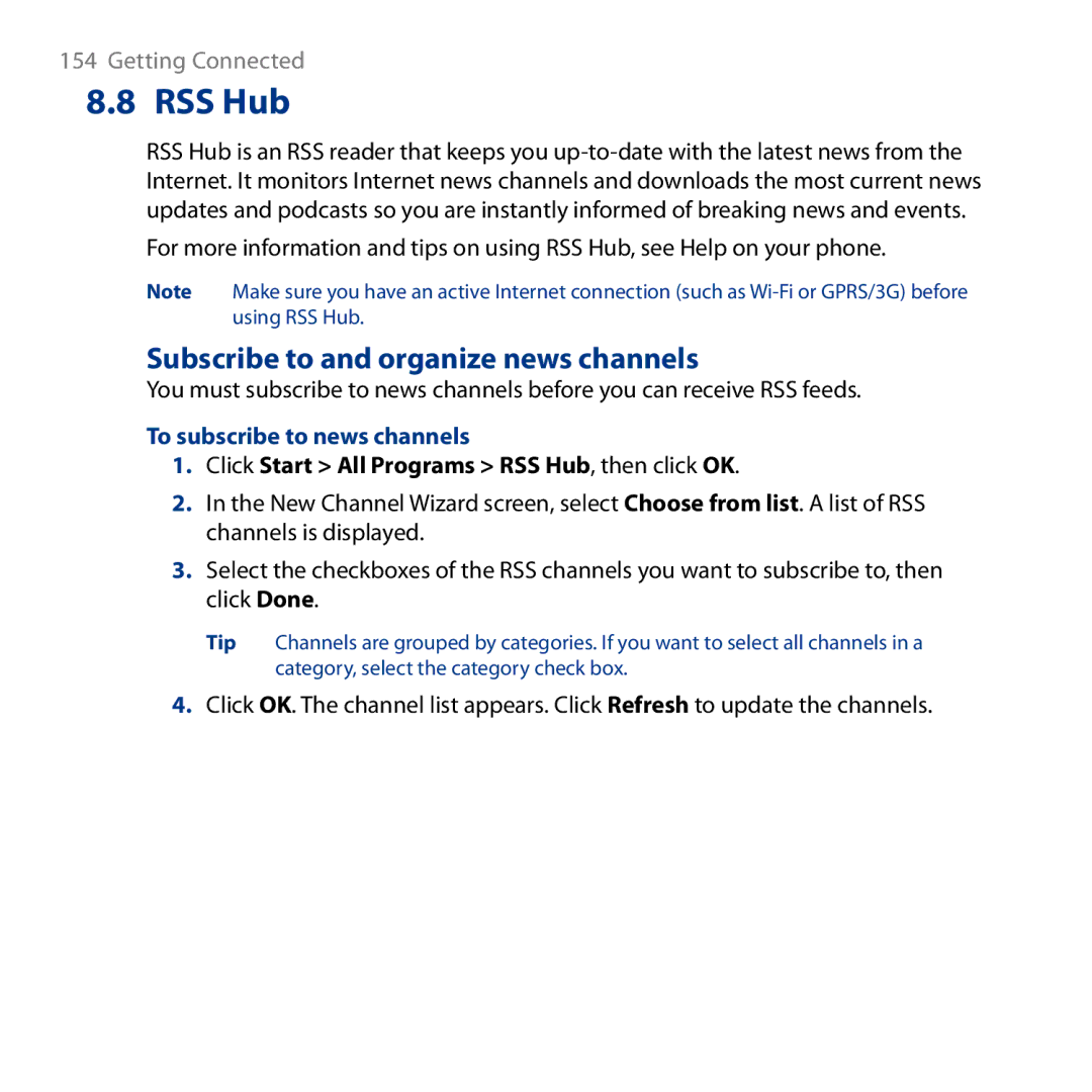 HTC ROSE130, S743 user manual RSS Hub, Subscribe to and organize news channels, To subscribe to news channels 