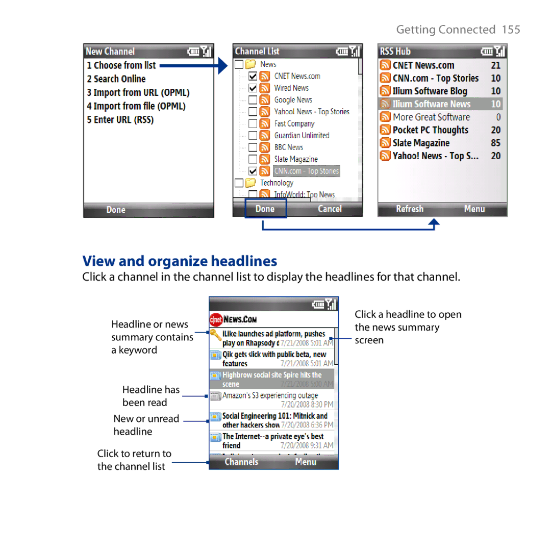 HTC S743, ROSE130 user manual View and organize headlines 