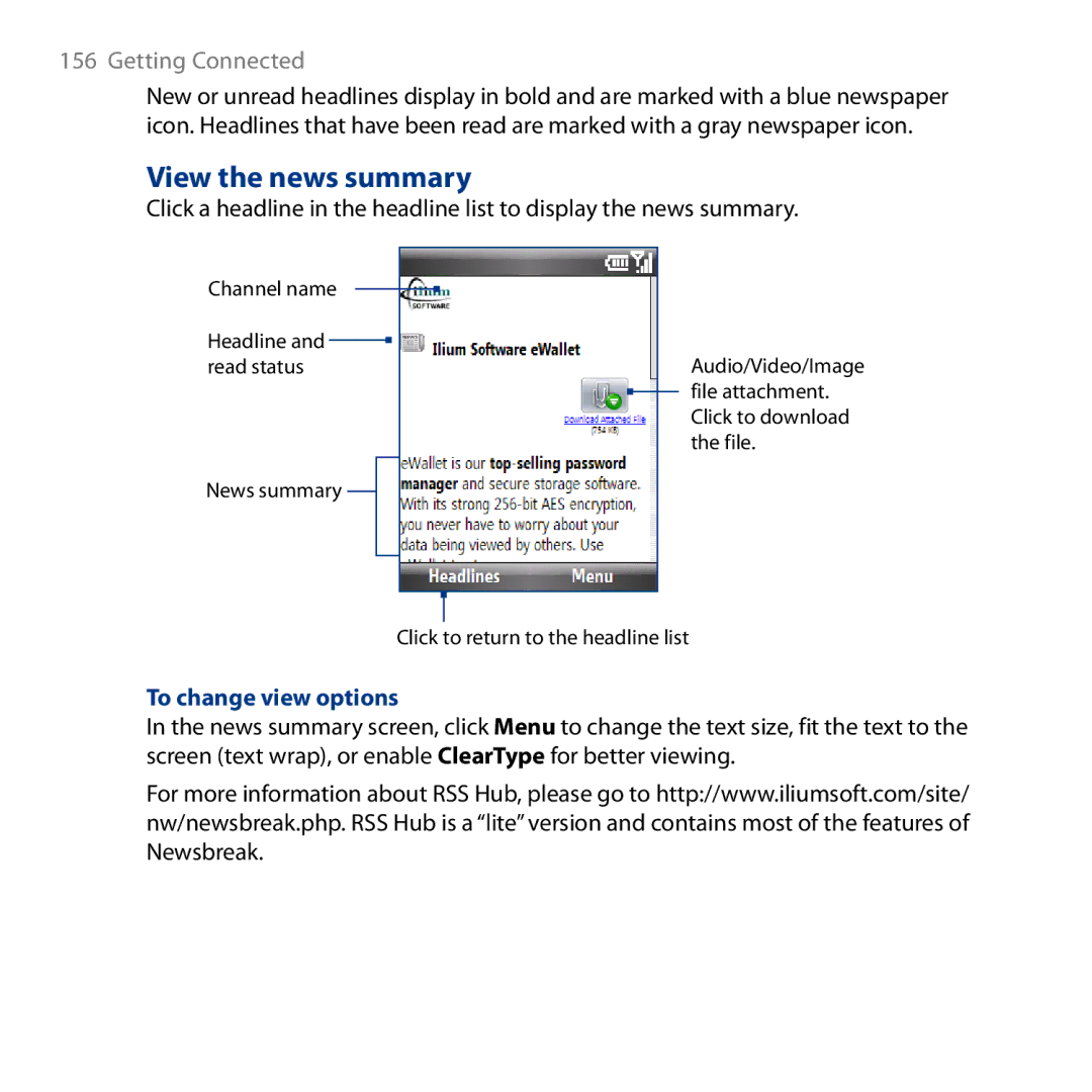 HTC ROSE130, S743 user manual View the news summary, To change view options 