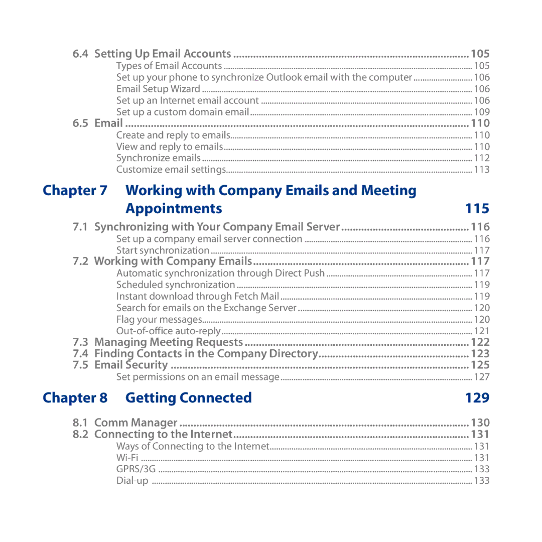 HTC ROSE130, S743 user manual Working with Company Emails and Meeting Appointments 115, Getting Connected 129 