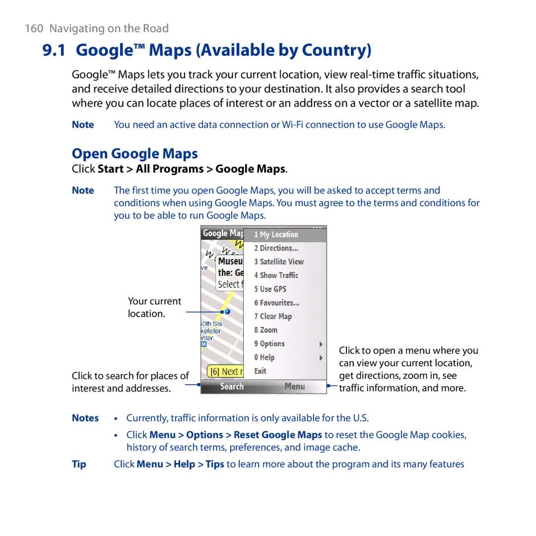 HTC ROSE130, S743 user manual Google Maps Available by Country, Open Google Maps, Click Start All Programs Google Maps 