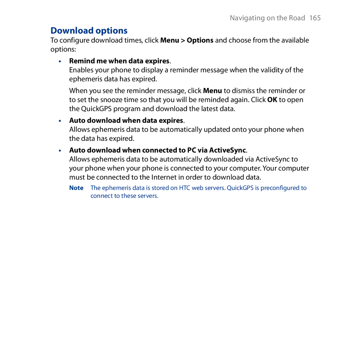 HTC S743, ROSE130 user manual Download options, Remind me when data expires, Auto download when data expires 