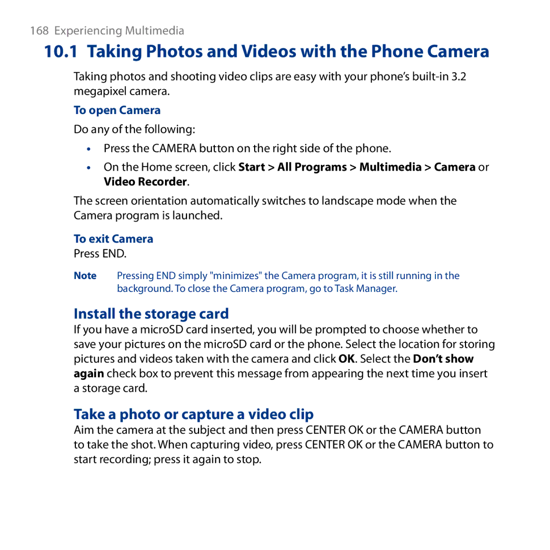 HTC ROSE130 Taking Photos and Videos with the Phone Camera, Install the storage card, Take a photo or capture a video clip 