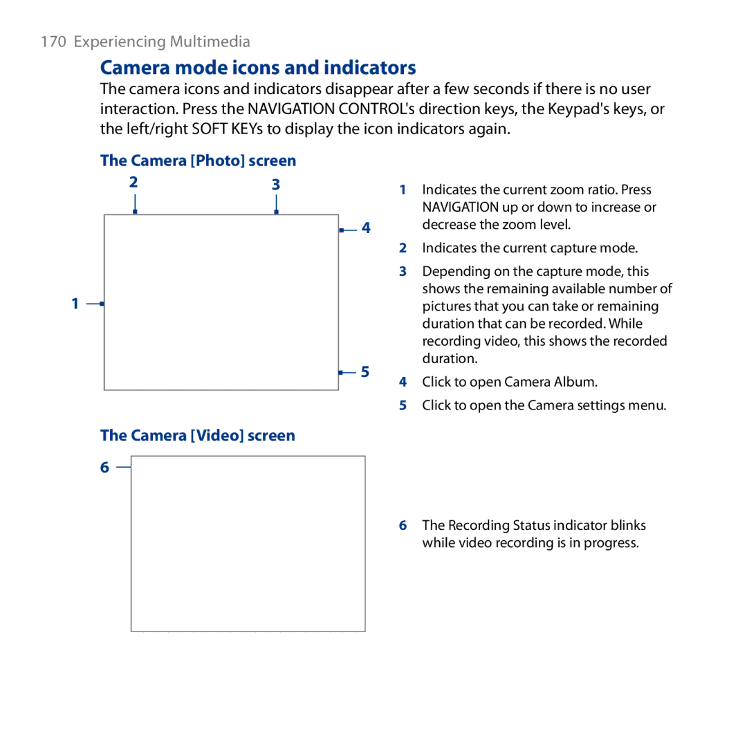 HTC ROSE130, S743 user manual Camera mode icons and indicators, Camera Photo screen, Camera Video screen 