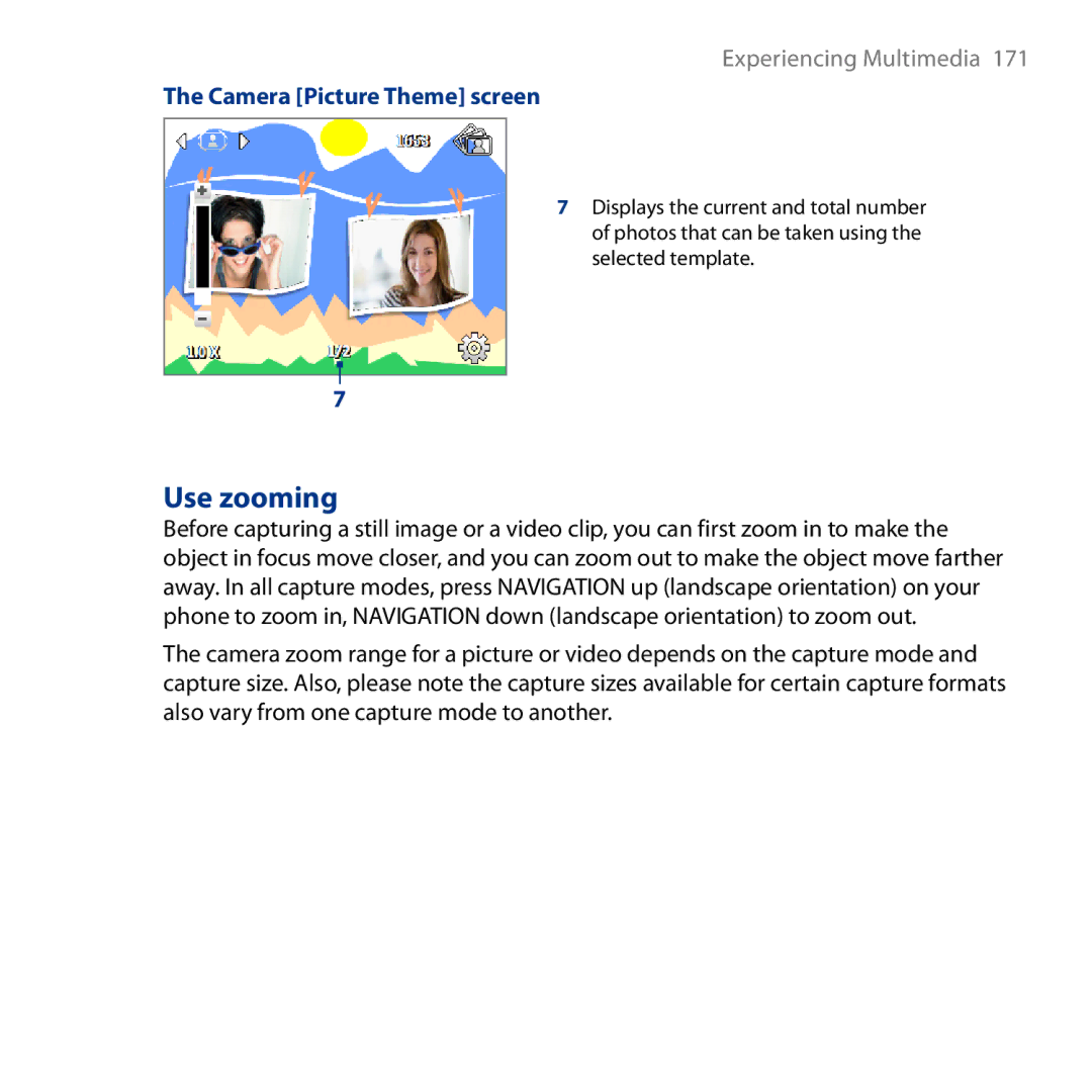 HTC S743, ROSE130 user manual Use zooming, Camera Picture Theme screen 