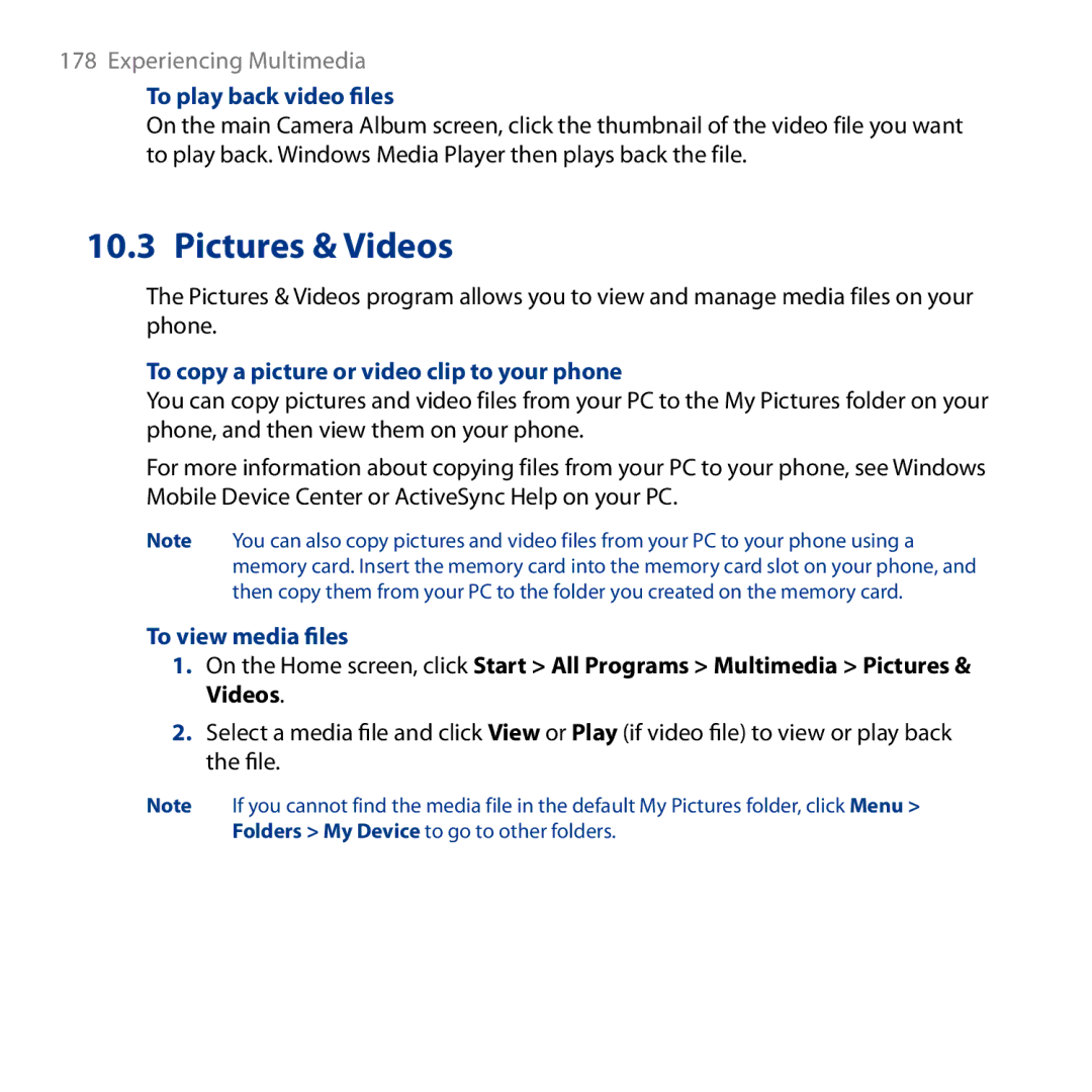 HTC ROSE130, S743 user manual Pictures & Videos, To play back video files, To copy a picture or video clip to your phone 
