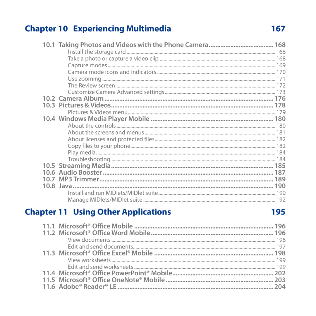 HTC ROSE130, S743 user manual Experiencing Multimedia 167, Using Other Applications 195 