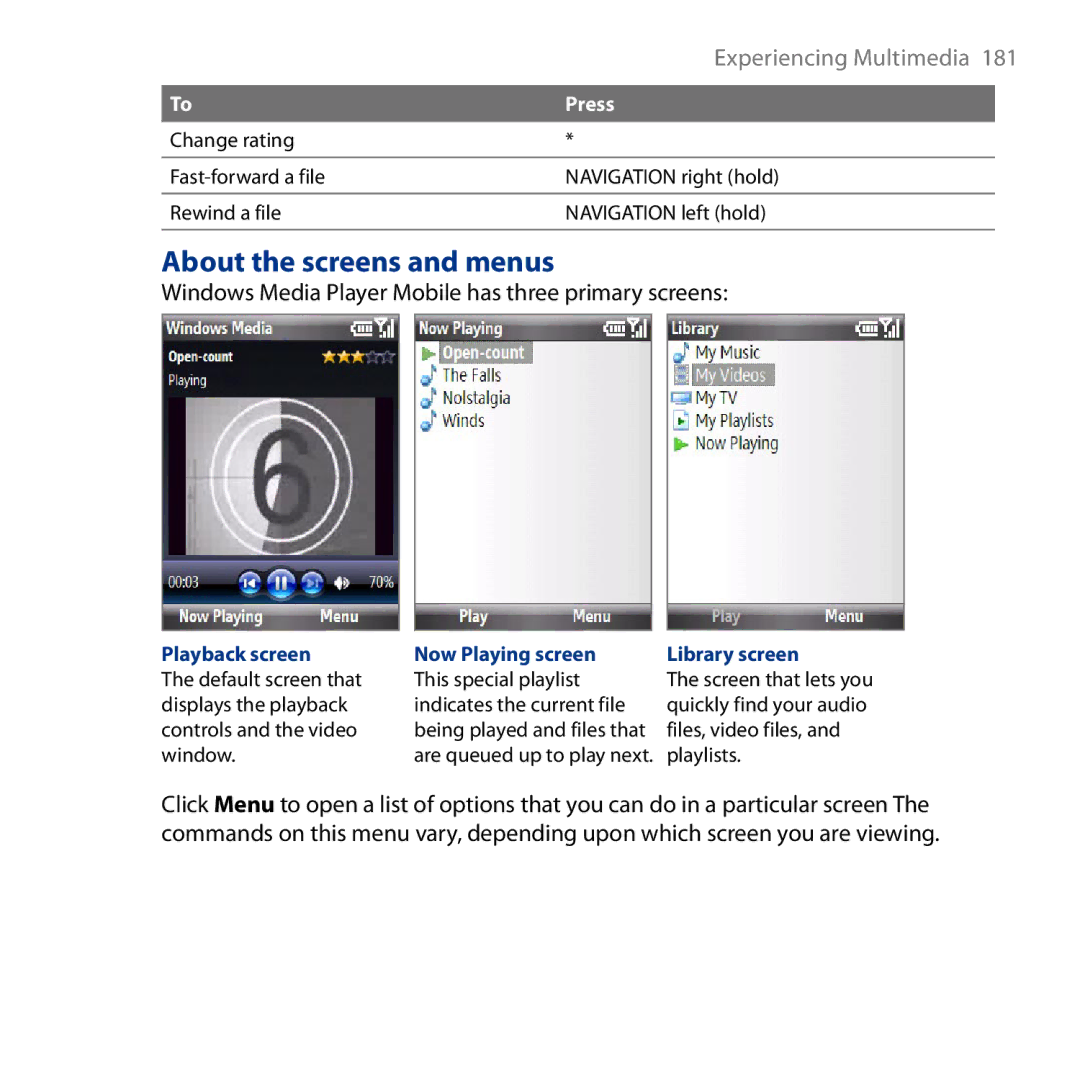 HTC S743, ROSE130 user manual About the screens and menus, Windows Media Player Mobile has three primary screens 