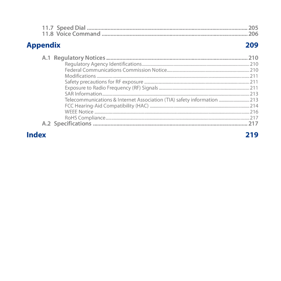 HTC S743, ROSE130 user manual Appendix 209, Index 219 