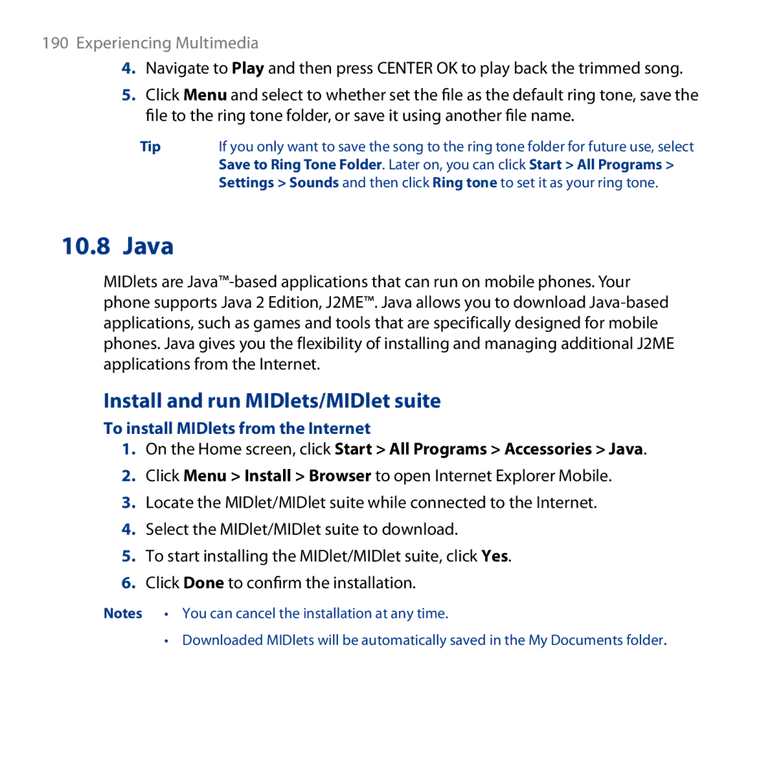 HTC ROSE130, S743 user manual Java, Install and run MIDlets/MIDlet suite, To install MIDlets from the Internet 