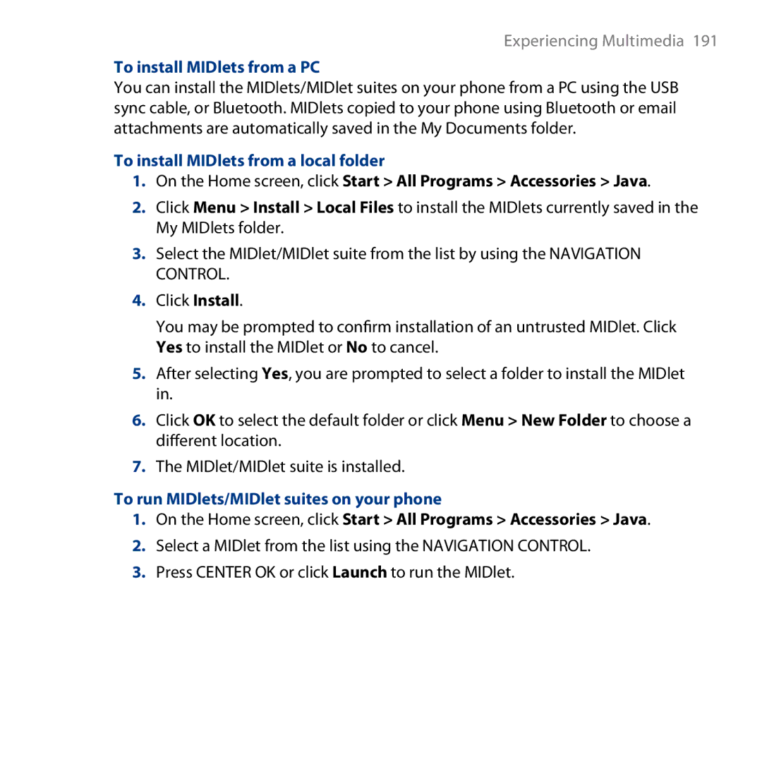 HTC S743 To install MIDlets from a PC, To install MIDlets from a local folder, To run MIDlets/MIDlet suites on your phone 