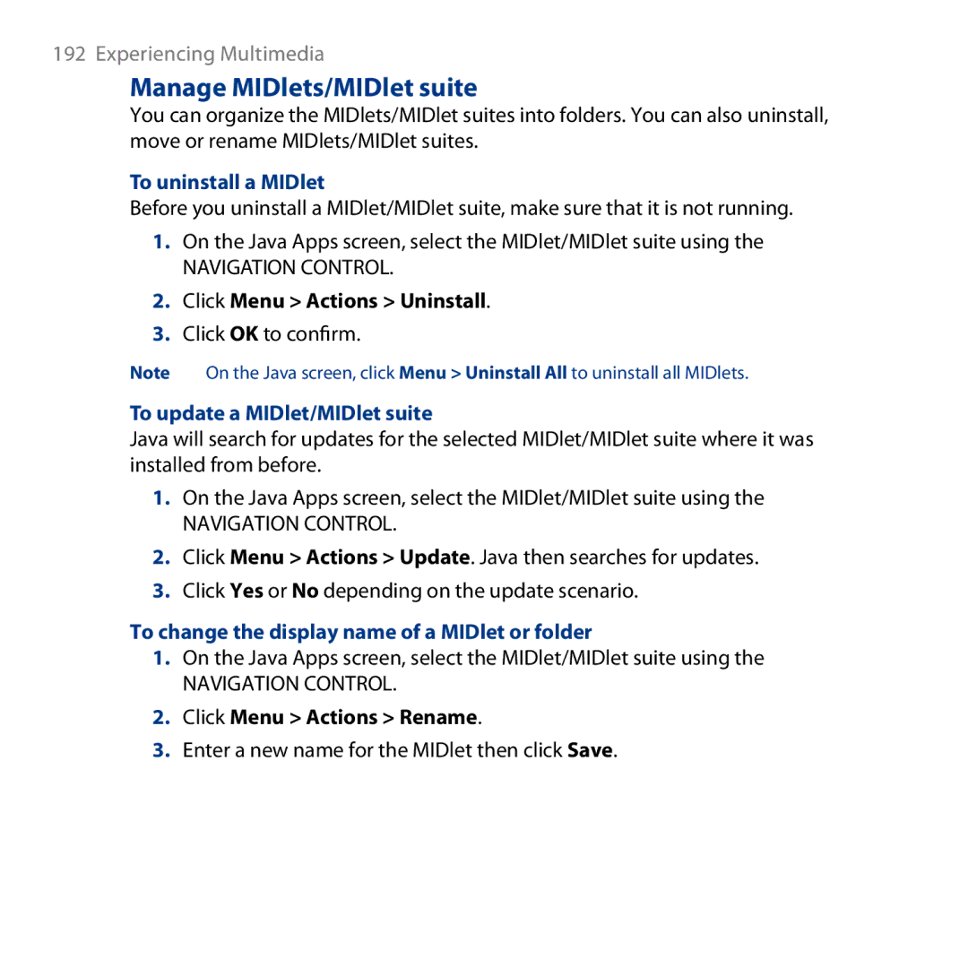 HTC ROSE130, S743 user manual Manage MIDlets/MIDlet suite, To uninstall a MIDlet, To update a MIDlet/MIDlet suite 