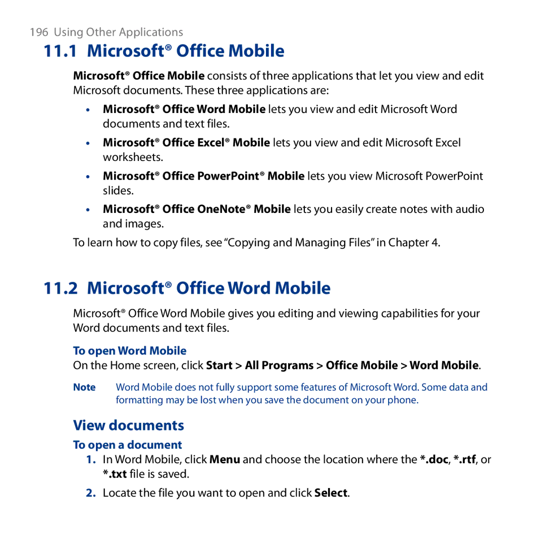 HTC ROSE130, S743 user manual Microsoft Office Mobile, View documents, To open Word Mobile, To open a document 