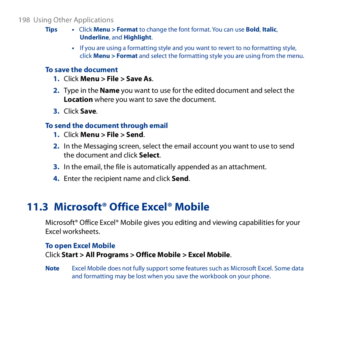 HTC ROSE130, S743 user manual To save the document, To send the document through email, To open Excel Mobile 