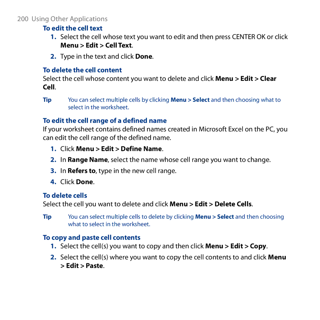 HTC ROSE130 To edit the cell text, To delete the cell content, To edit the cell range of a defined name, To delete cells 