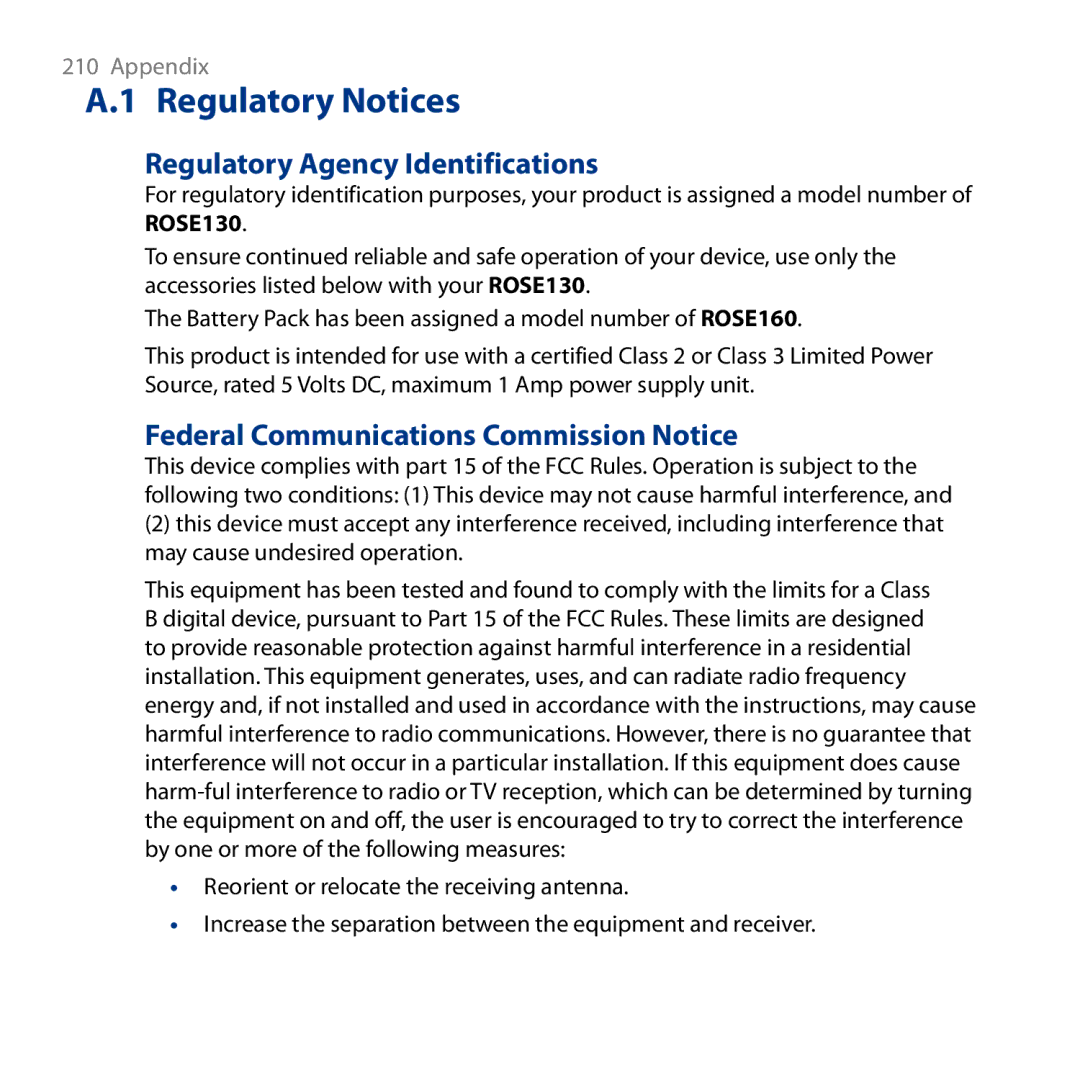 HTC ROSE130, S743 Regulatory Notices, Regulatory Agency Identifications, Federal Communications Commission Notice 