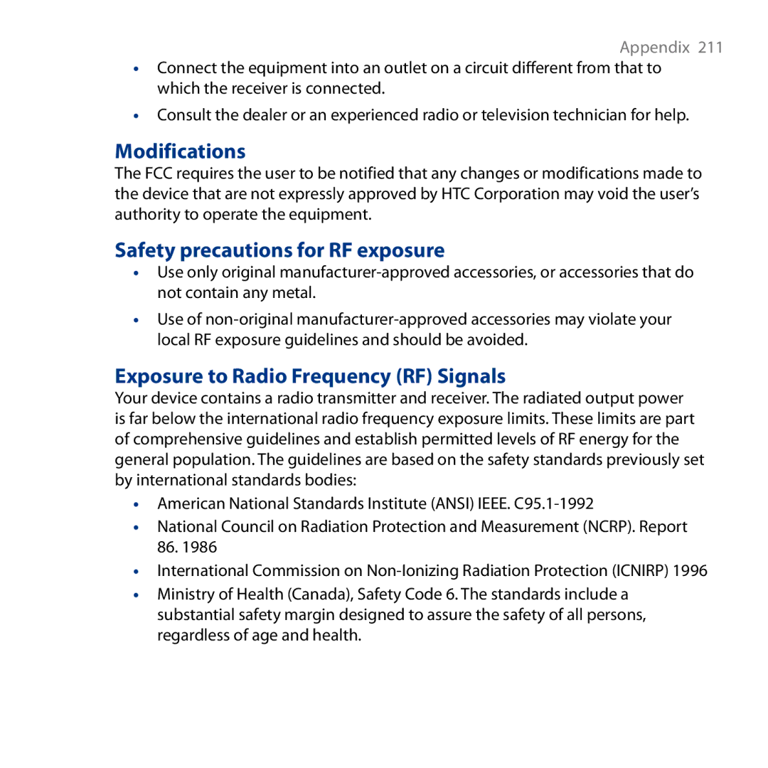 HTC S743, ROSE130 user manual Modifications, Safety precautions for RF exposure, Exposure to Radio Frequency RF Signals 