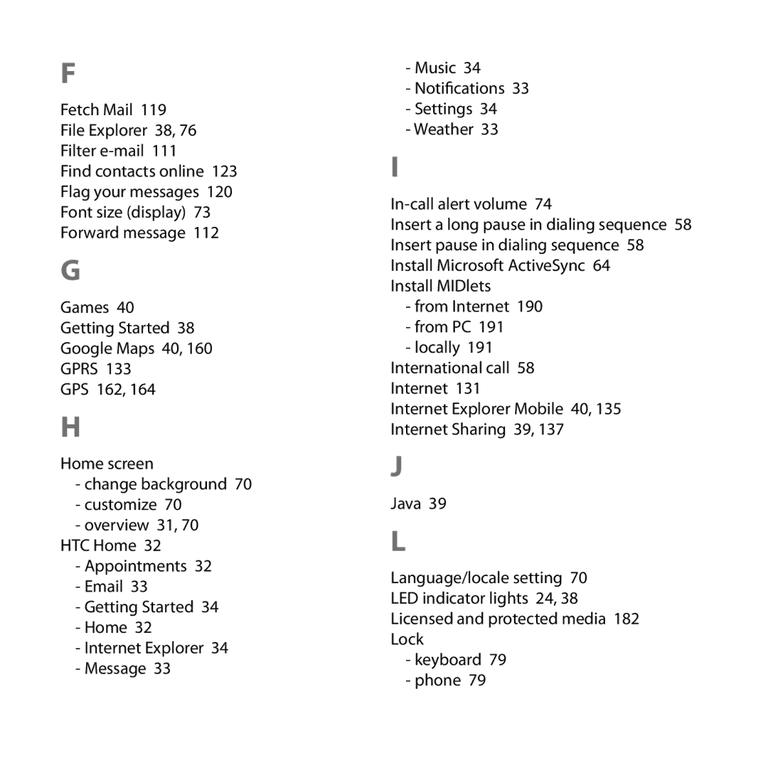 HTC ROSE130, S743 user manual Fetch Mail 119 File Explorer 38, 76 Filter e-mail 
