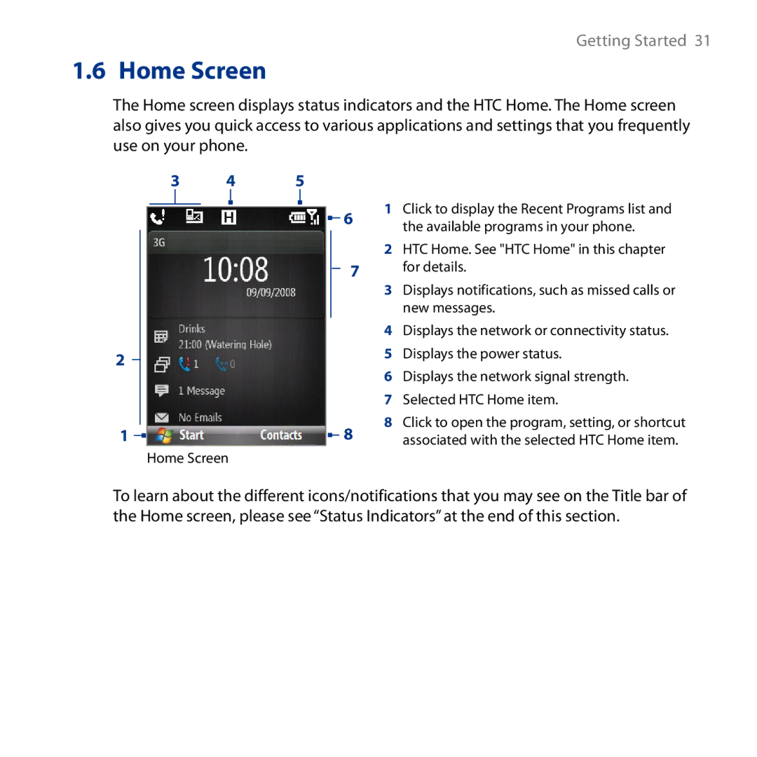 HTC S743, ROSE130 user manual Home Screen, Selected HTC Home item 