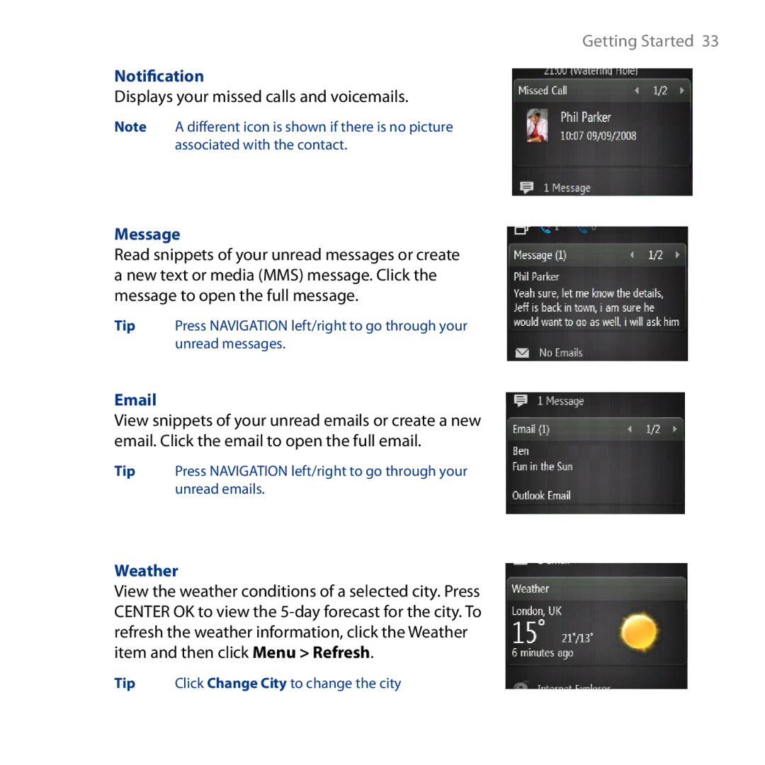 HTC S743, ROSE130 user manual Notification, Message, Weather 