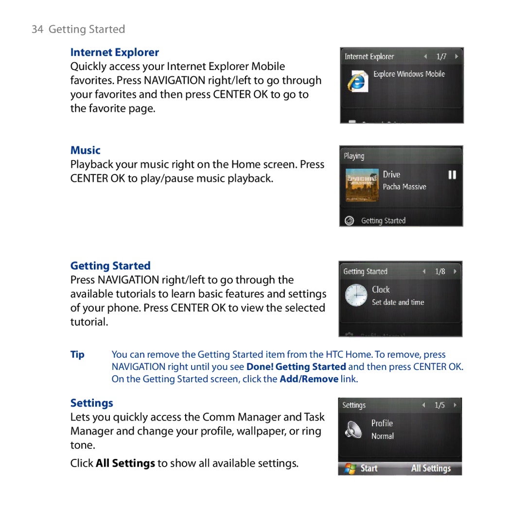 HTC ROSE130, S743 user manual Internet Explorer, Music, Getting Started, Settings 