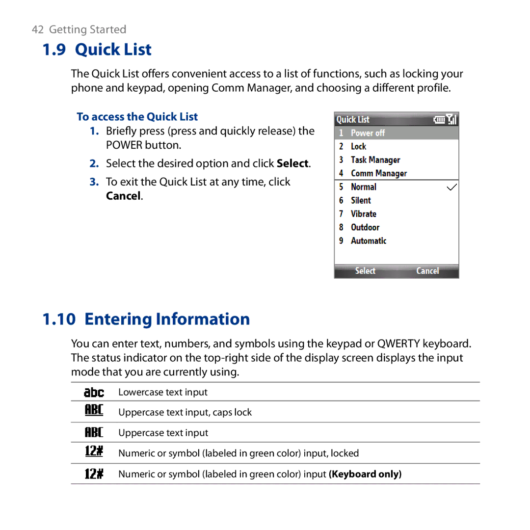 HTC ROSE130, S743 user manual Entering Information, To access the Quick List 